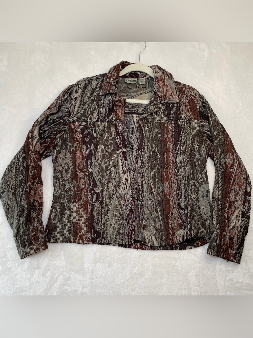 Chicos Wool Blend Tapestry Open Front Jacket Paisley Artwear Boho Size 1